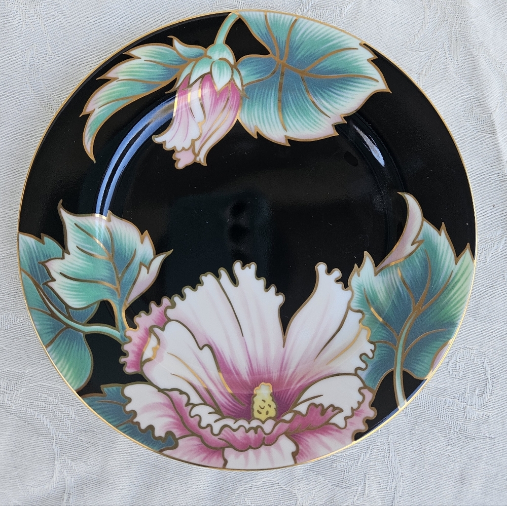 Fitz and Floyd Hummingbird Black Bread and Butter Plate with Pink Floral Design
